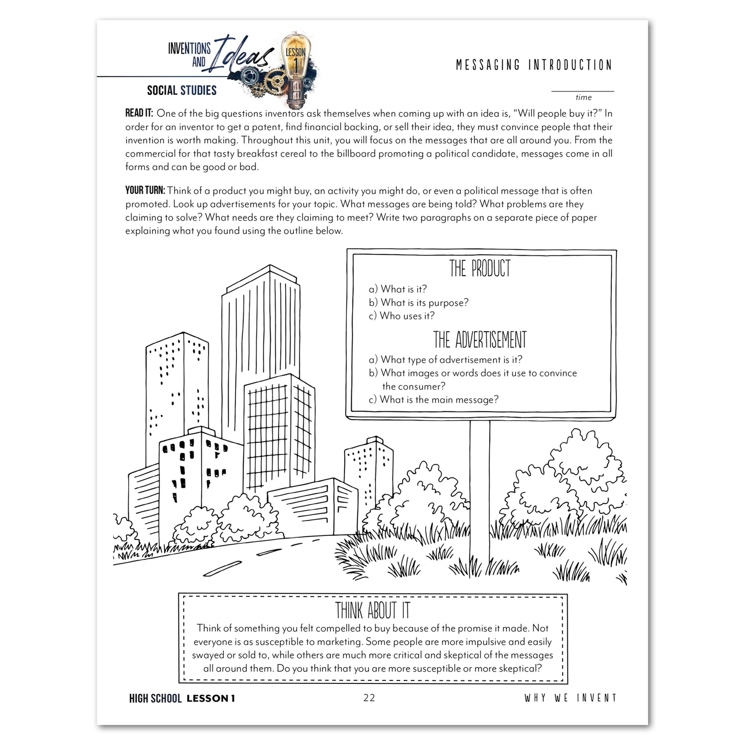 Inventions and Ideas homeschool unit study digital student workbook high school with teacher's guide bundle lesson one 