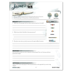 A printed worksheet titled 'James' with religious reflection prompts, writing lines, a key, and small illustrations including a Bible, a cross, and climber. 