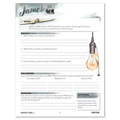 A Bible workbook page titled 'James' with printed reflection questions, scripture references, and a large illustrated lightbulb on the right side.