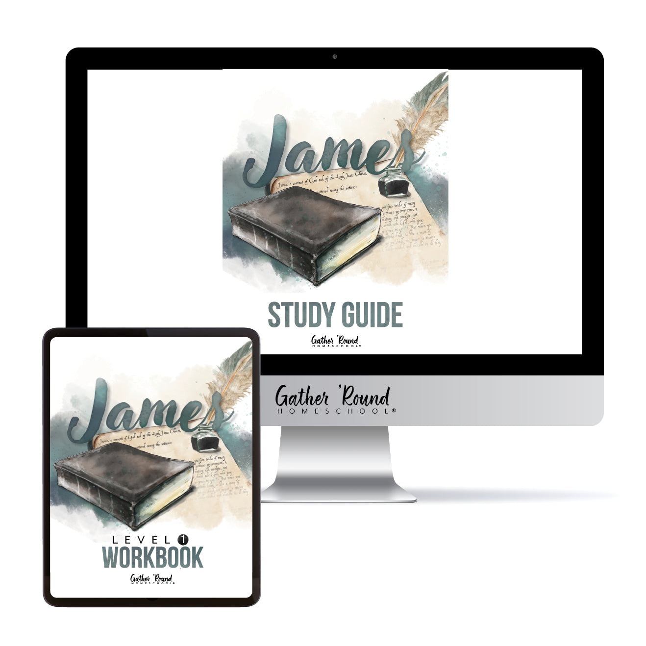 A digital mockup showing a desktop monitor and tablet displaying a study guide workbook cover. The cover features a watercolor illustration of a dark leather-bound Bible on a beige parchment background with teal script reading 'James' and feather quill accents.