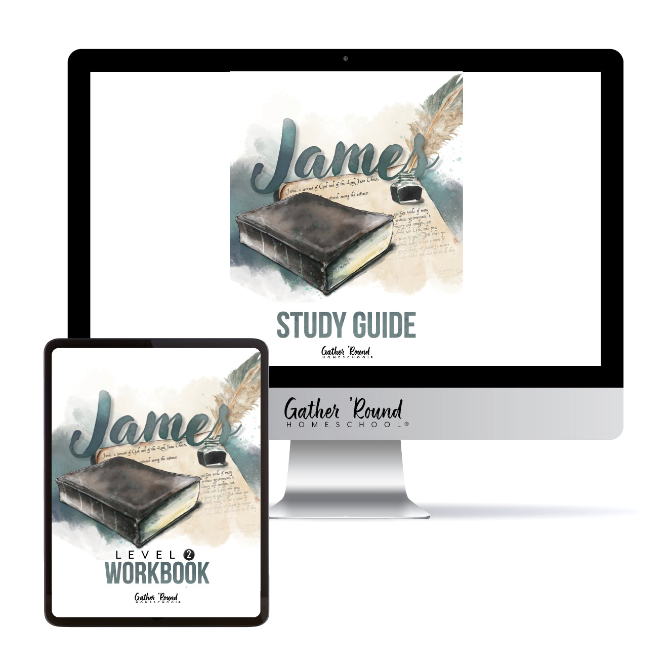 A digital mockup showing a desktop monitor and tablet displaying a study guide workbook cover. The cover features a watercolor illustration of a dark leather-bound Bible on a beige parchment background with teal script reading 'James' and feather quill accents.