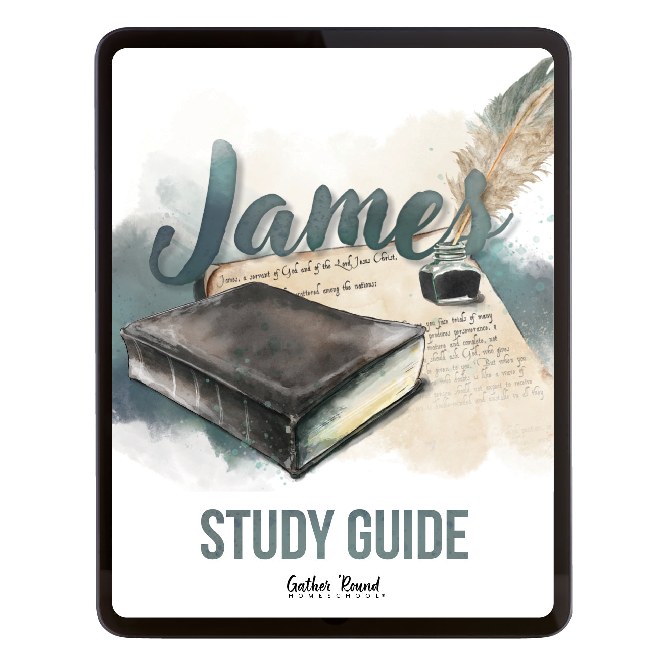 A digital cover for a 'James Study Guide' featuring a watercolor illustration of a dark leather-bound Bible, a feather quill, and an inkwell on a cream background with a black border.