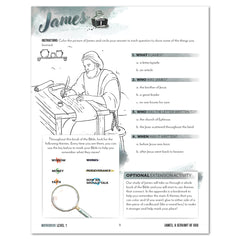 A worksheet page titled 'James, A Servant of God' with a black-and-white illustration of a man writing at a desk, instructions, a word list, and an optional extension activity on a white background.