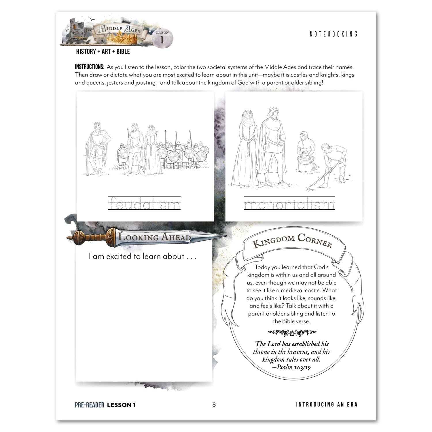 Middle Ages homeschool unit study digital student workbook in pre-reader with teacher's guide bundle lesson one 