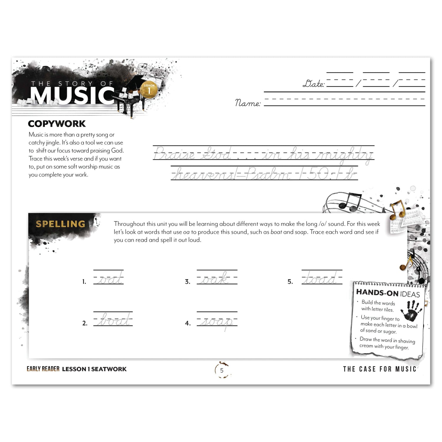 Music homeschool unit study digital student seatwork journal in cursive for early reader lesson one