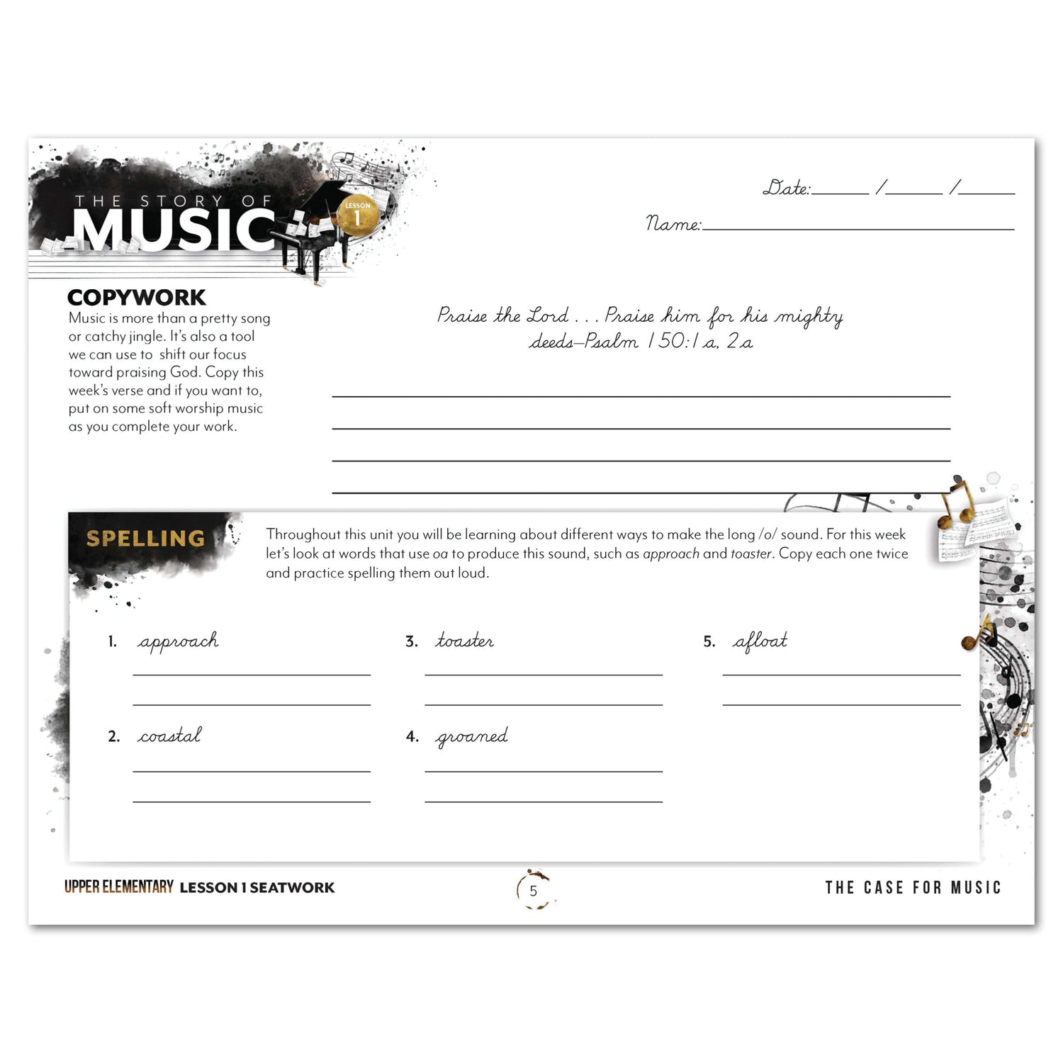 Music homeschool unit study digital student seatwork journal in cursive for upper elementary lesson one