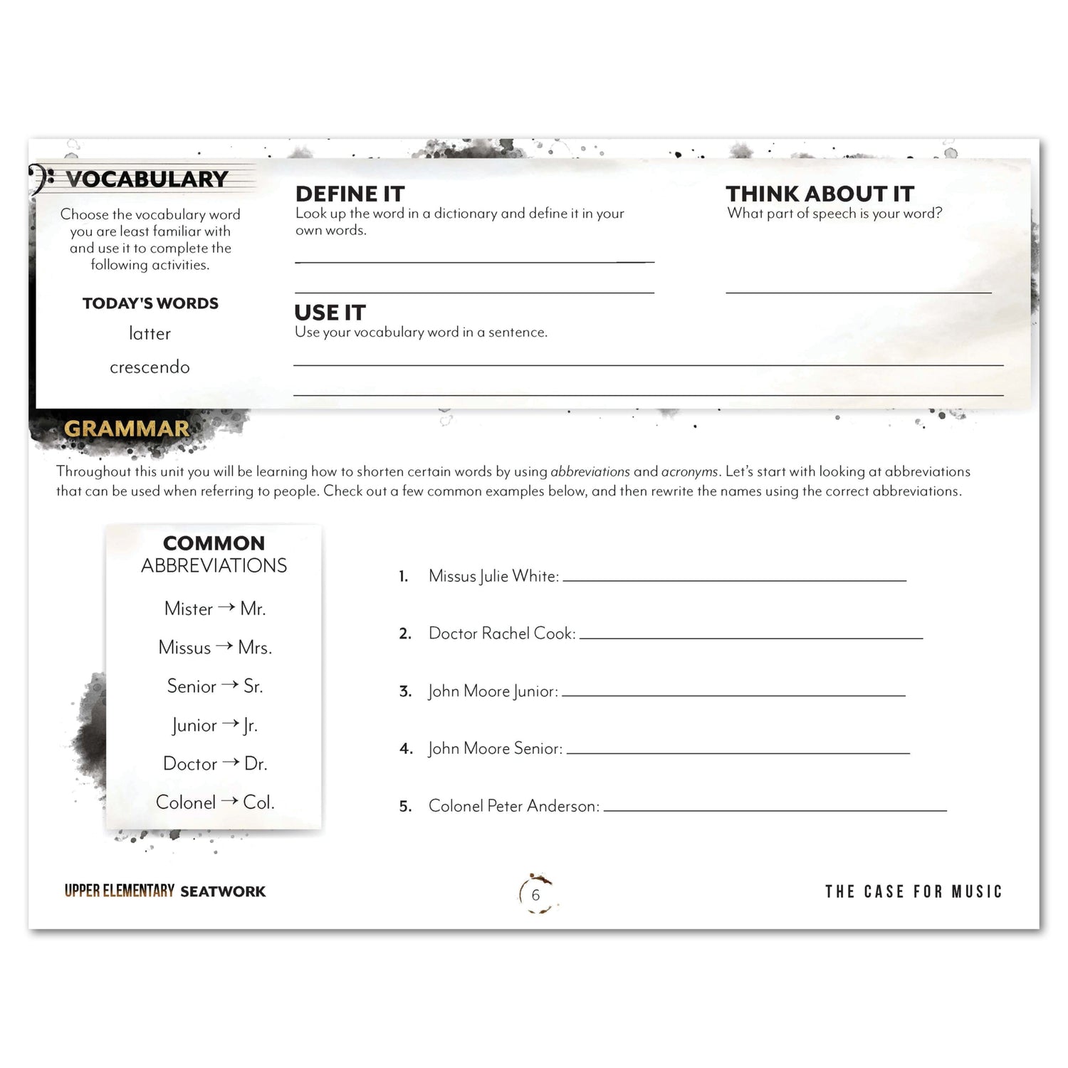 Music homeschool unit study digital student seatwork journal in manuscript for upper elementary lesson one