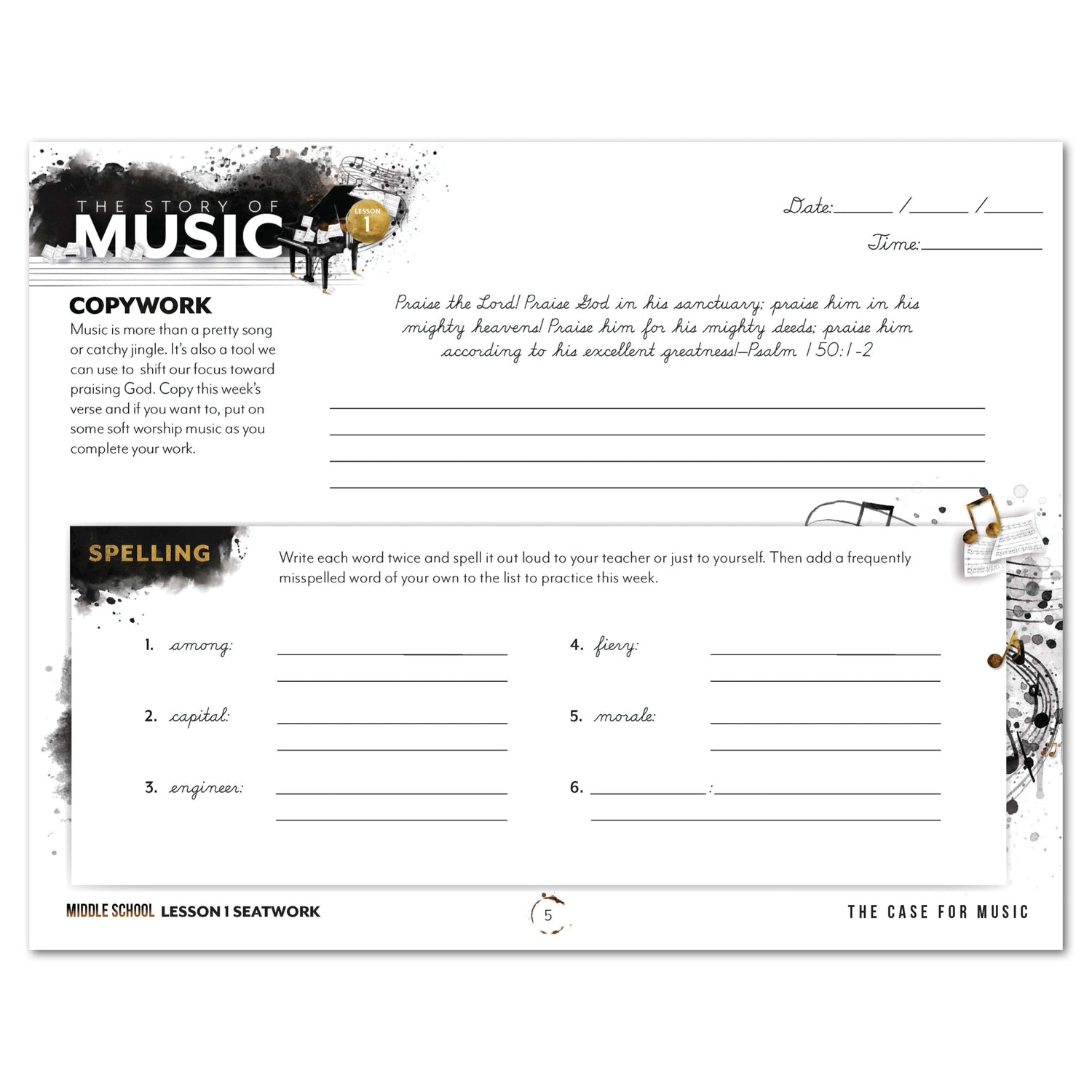 Music homeschool unit study digital student seatwork journal in cursive for middle school lesson one