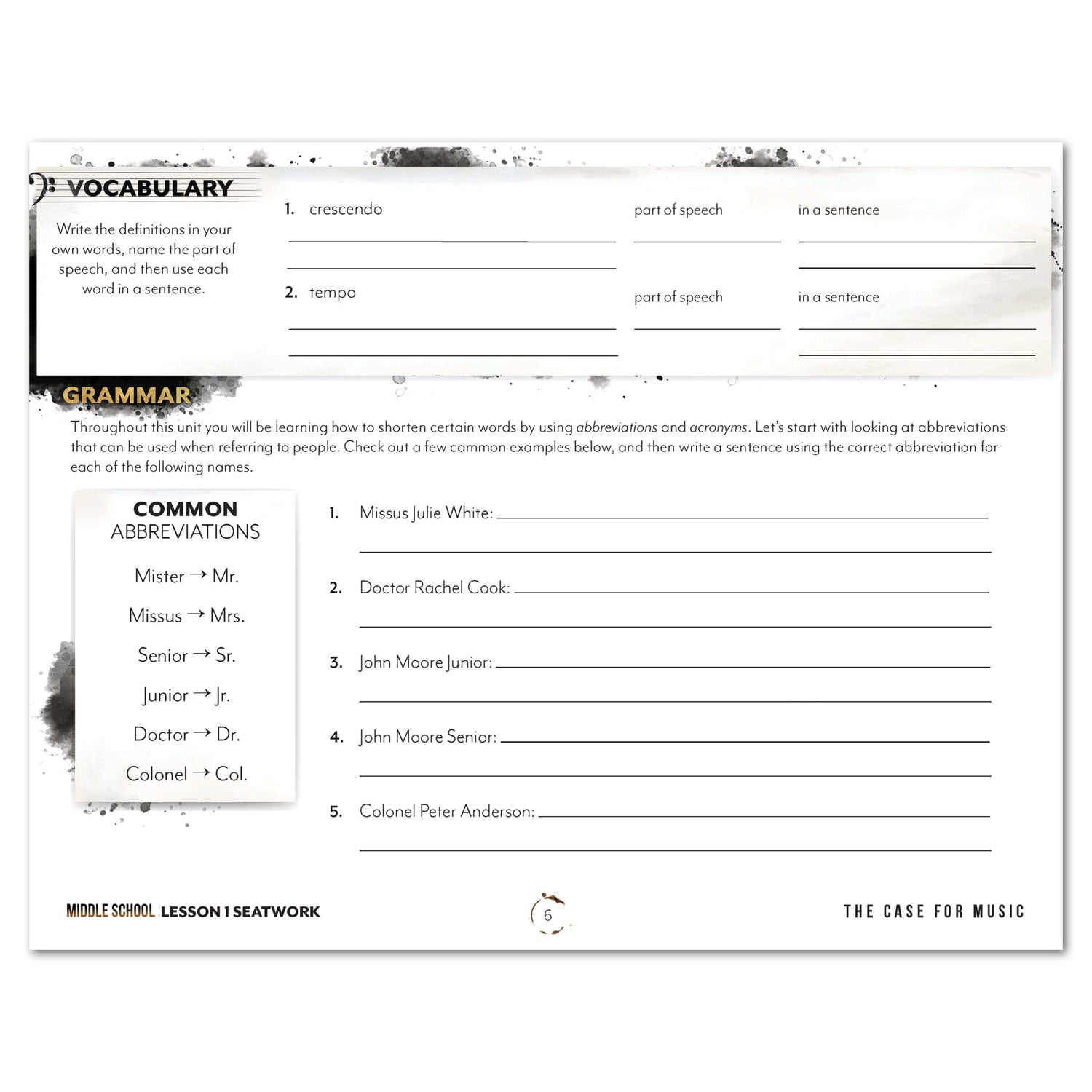 Music homeschool unit study digital student seatwork journal in manuscript for middle school lesson one