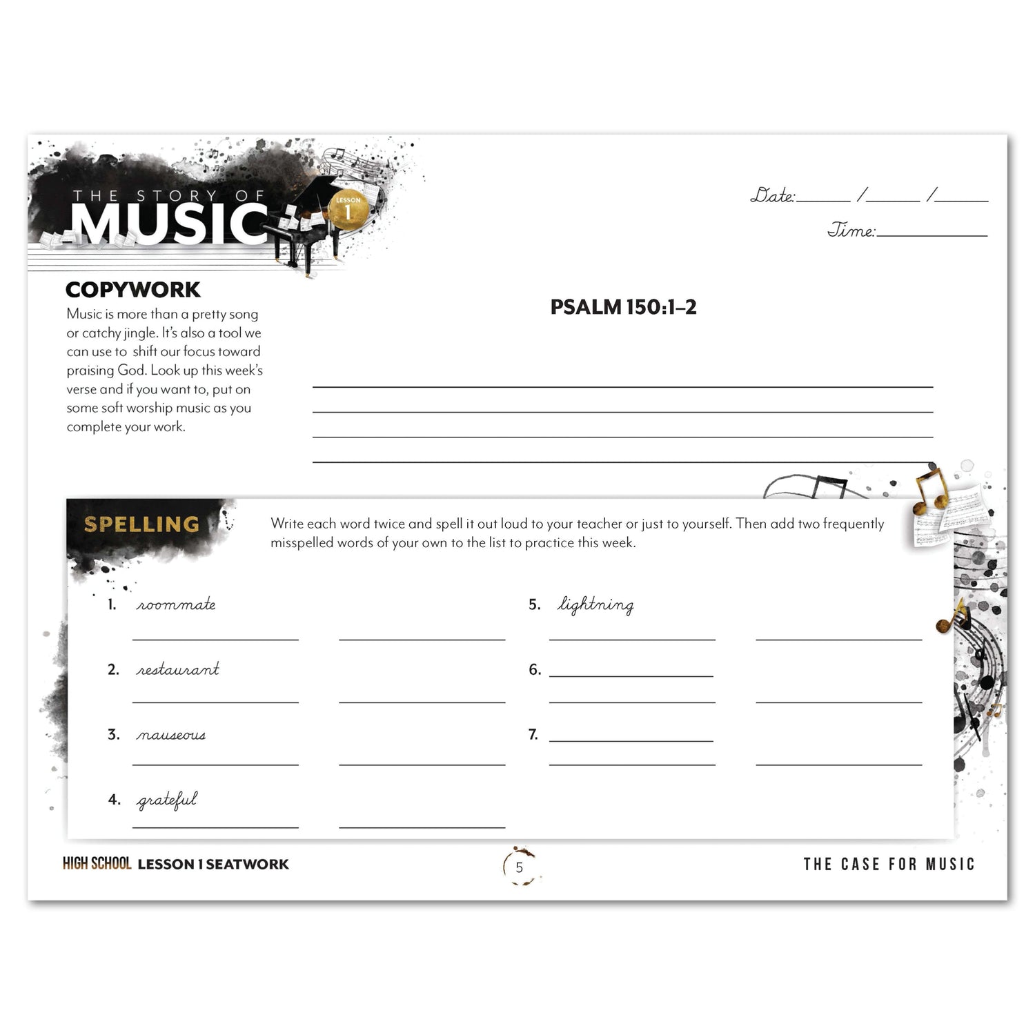 Music homeschool unit study digital student seatwork journal in cursive for high school lesson one