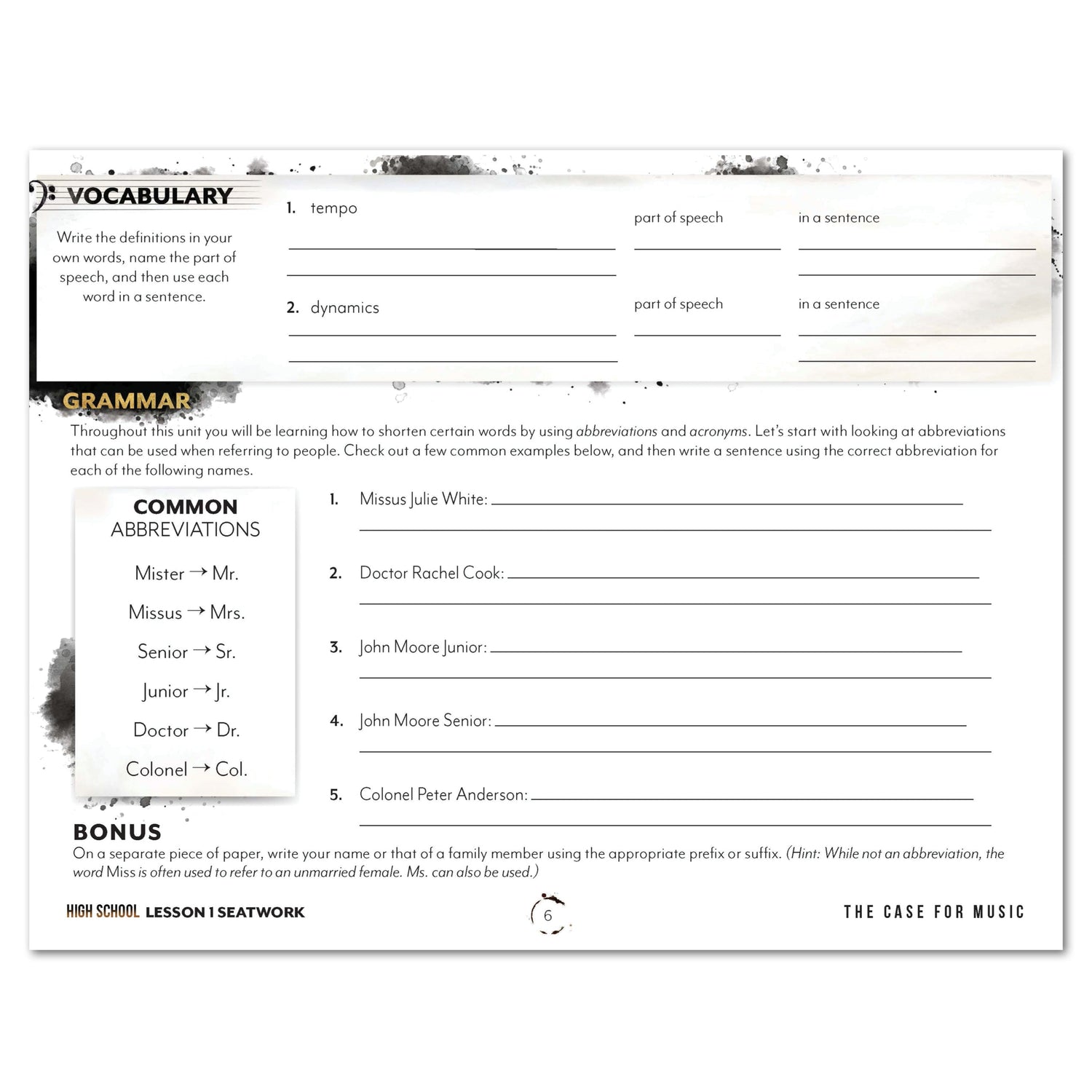 Music homeschool unit study digital student seatwork journal in manuscript for high school lesson one
