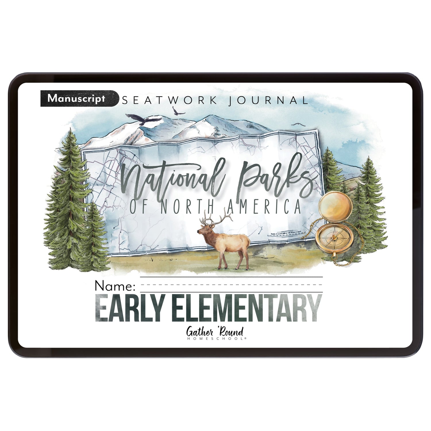 National Parks of North America homeschool unit study digital student seatwork journal in manuscript for Early Elementary