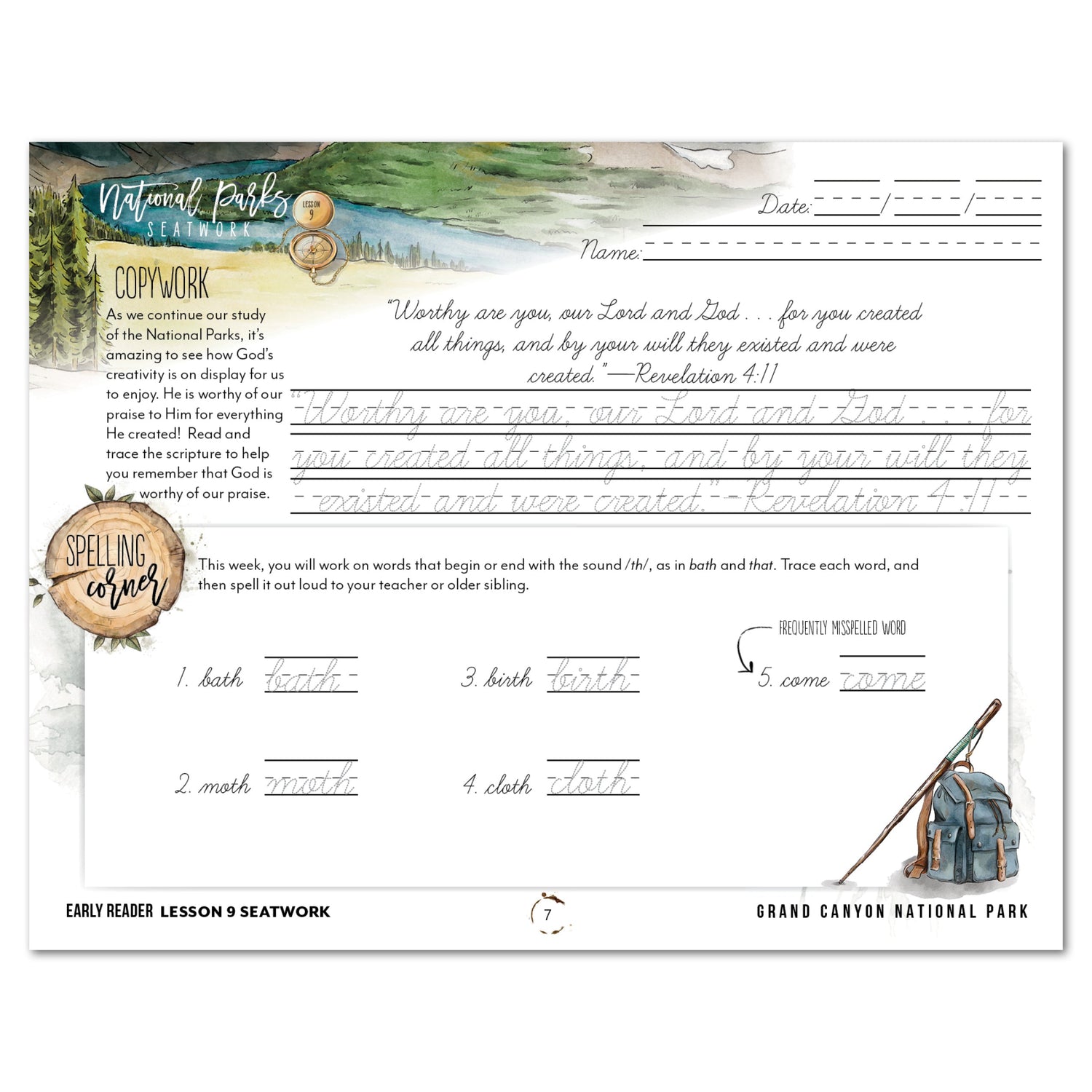 National Parks of North America homeschool unit study digital student seatwork journal in cursive for  Early Reader lesson one