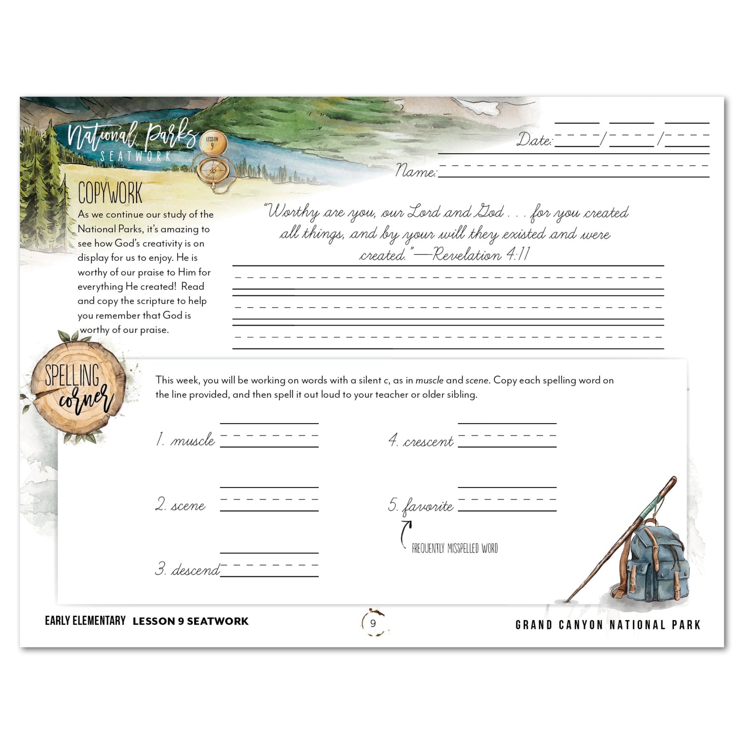 National Parks of North America homeschool unit study digital student seatwork journal in cursive for Early Elementary lesson one