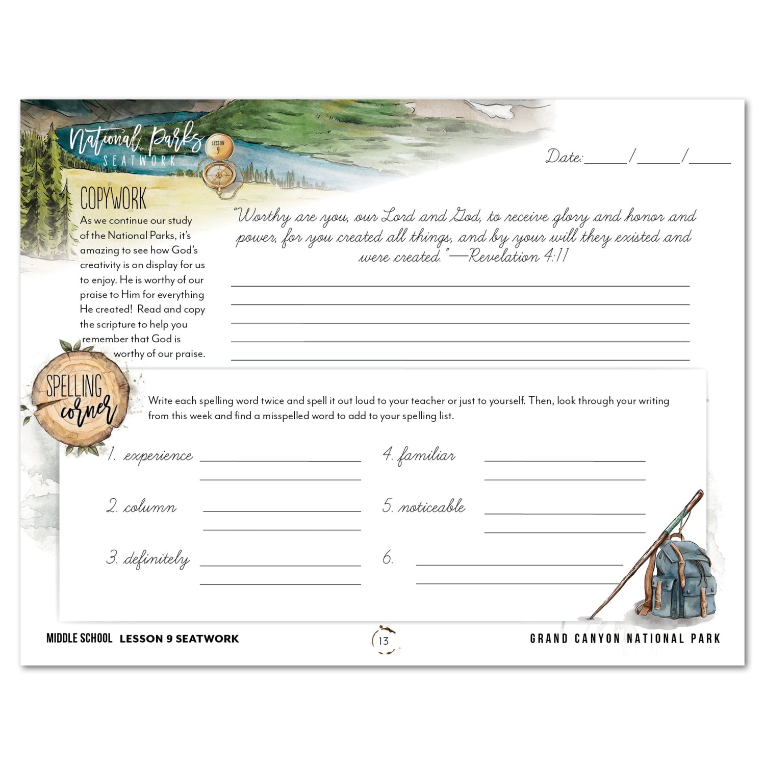 National Parks of North America homeschool unit study digital student seatwork journal in cursive for Middle School lesson one
