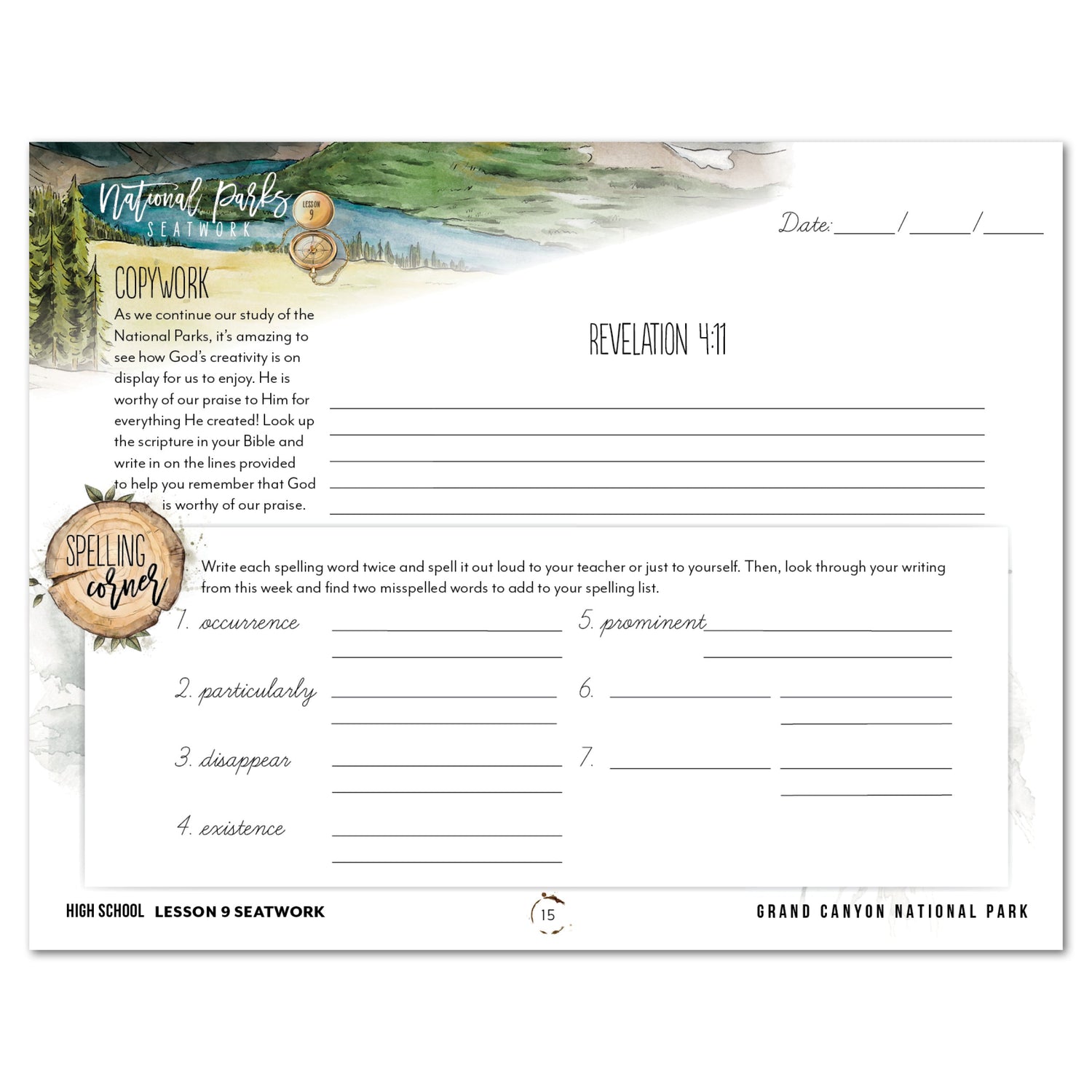 National Parks of North America homeschool unit study digital student seatwork journal in Cursive for High School lesson one
