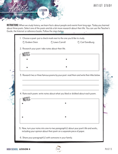 Artist Homeschool Unit Study Digital High School Student Book Lesson 4 Page