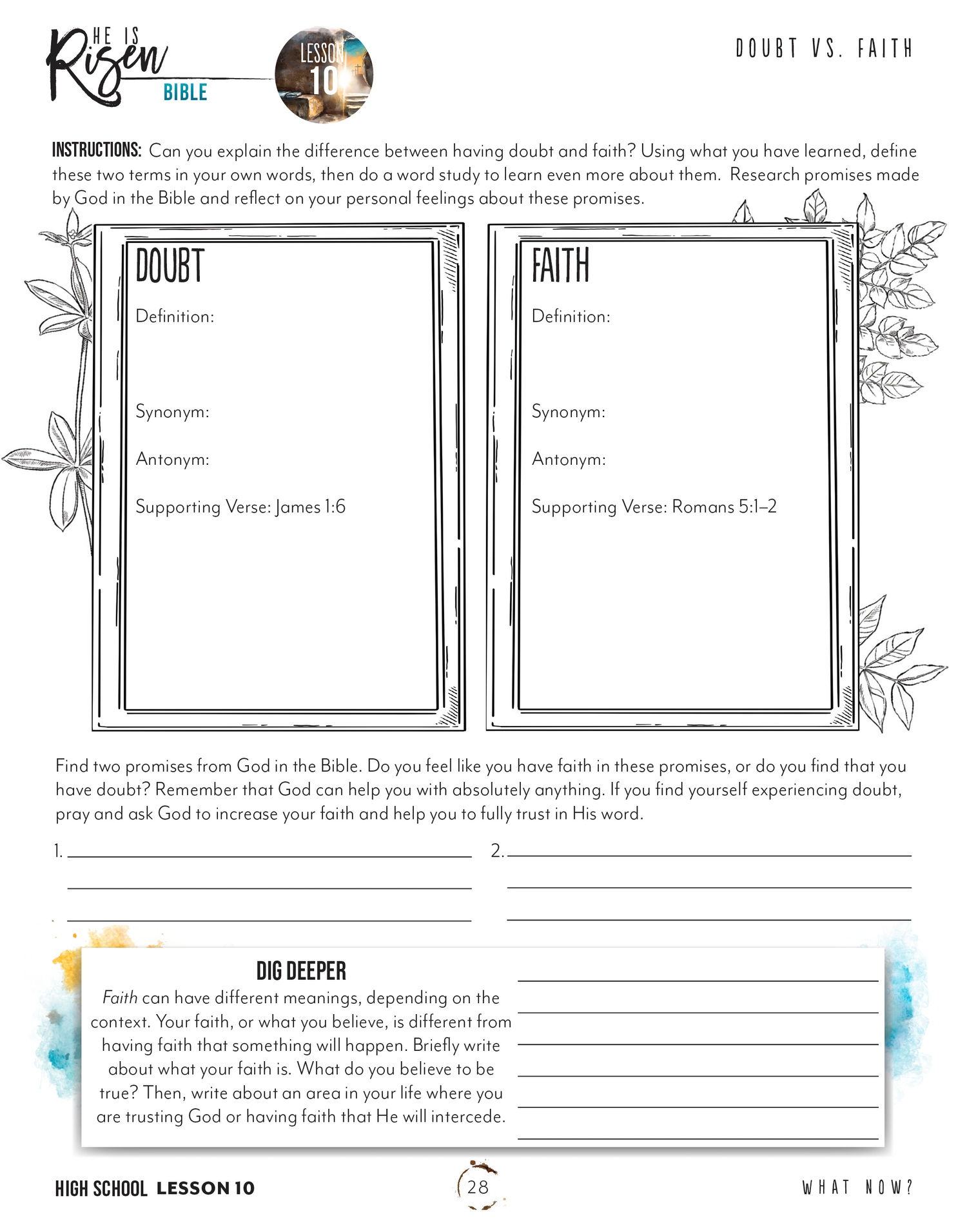 Easter - He is Risen Homeschool Unit Study Digital High School Student Book Lesson 10 Doubt vs Faith