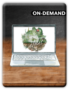 Laptop on a wooden surface with 'Burrows and Holes' on the screen and 'On-Demand' text above.