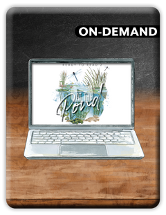 Laptop on a wooden desk with 'On-Demand' text above, 'Ready to Read' logo below.