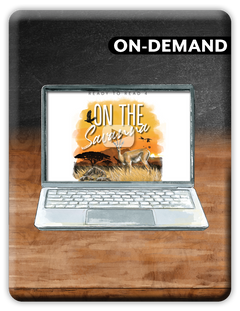 Laptop on a wooden surface with 'On the Savanna' book cover displayed, labeled 'On-Demand'.