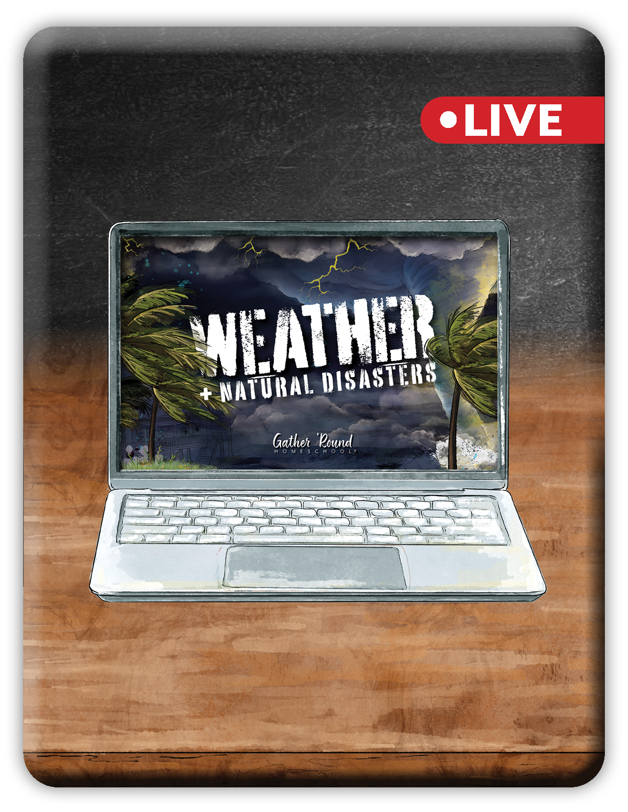 Laptop on a wooden surface with a weather and natural disasters presentation displayed on the screen.