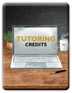 Laptop on a desk with 'Tutoring Credits' text, mug, and pen.
