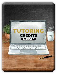 Laptop on a desk with 'Tutoring Credits Bundle' text on the screen, surrounded by a mug, pen, and plant.