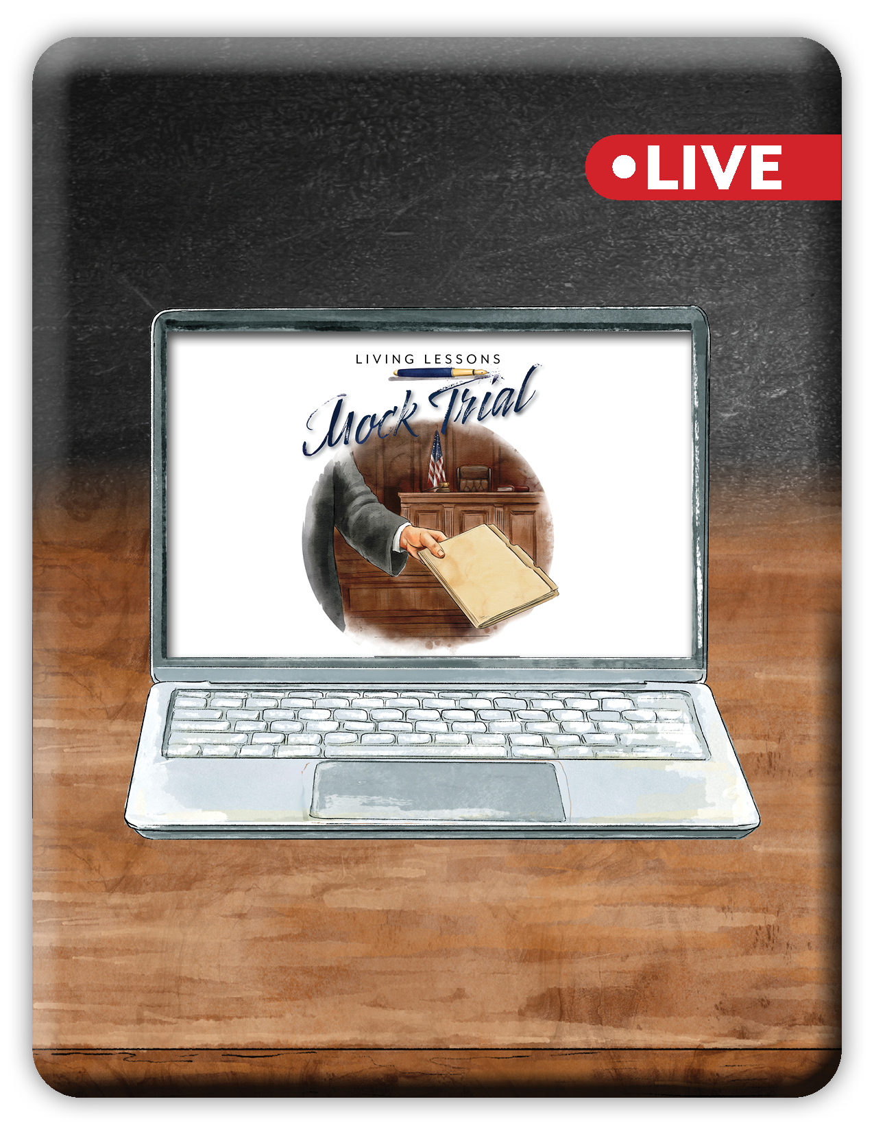 Laptop on a wooden desk with a screen displaying 'Living Lessons' and 'Jack That', with a 'LIVE' badge in the corner.