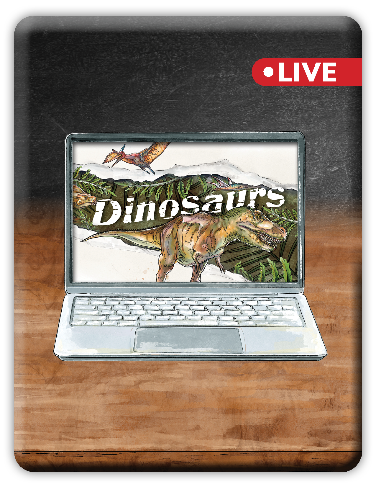 Laptop displaying a dinosaur-themed screen with 'Dinosaurs' text on a wooden surface.