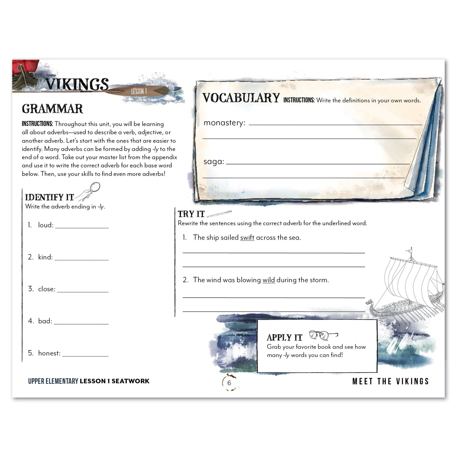 Vikings Homeschool Unit Study Digital Seatwork Journal Manuscript Upper Elementary Lesson 1 Grammar and Vocabulary