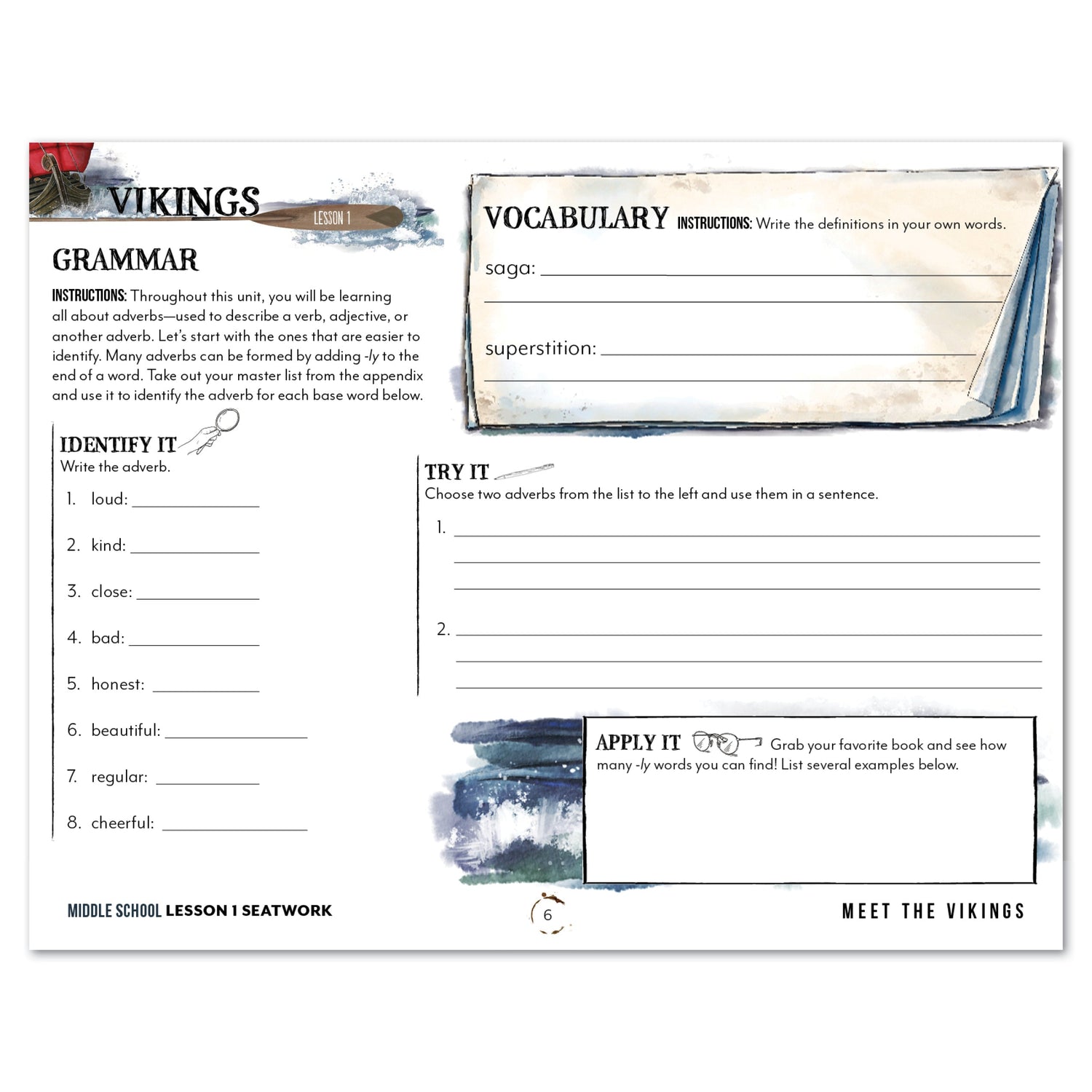 Vikings Homeschool Unit Study Digital Seatwork Journal Manuscript Middle School Lesson 2 Grammar and Vocabulary