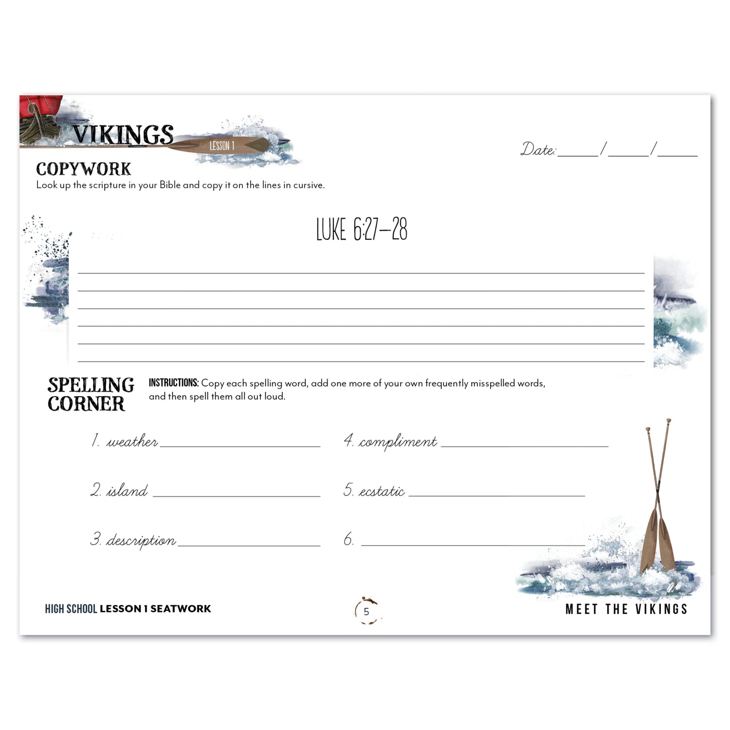 Vikings Homeschool Unit Study Digital Seatwork Journal Cursive High School Lesson 1 Copywork and Spelling