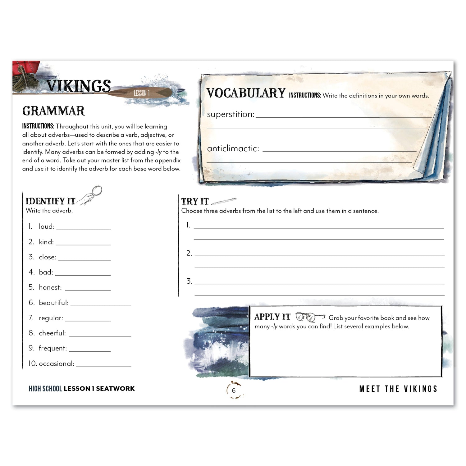 Vikings Homeschool Unit Study Digital Seatwork Journal Manuscript High School Lesson 1 Grammar and Vocabulary