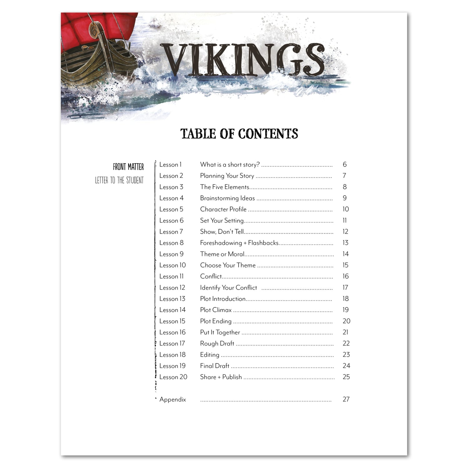 Vikings Homeschool Unit Study Digital Short Story Writing Track Table of Contents