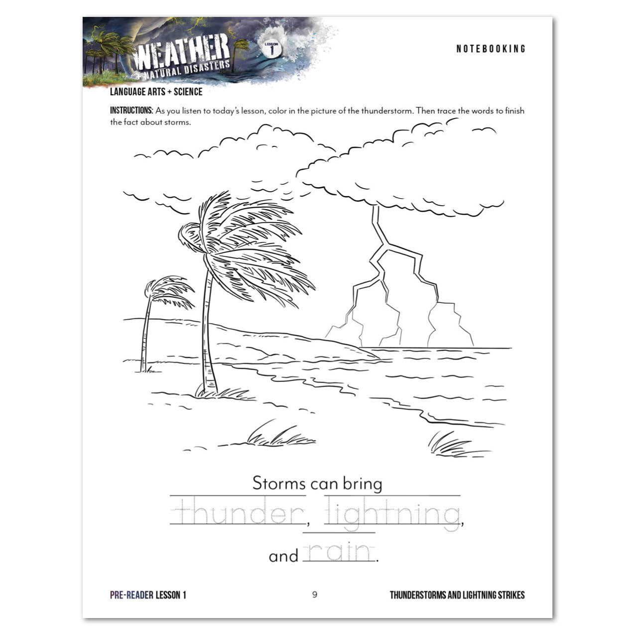 Weather + Natural Disasters Homeschool Unit Study Digital Pre-Reader Student Book Lesson 1 Thunderstorms and Lighting Strikes